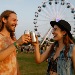 Ein junges Paar stößt mit Bierdosen auf einem Festival an, im Hintergrund ein beleuchtetes Riesenrad und feiernde Menschen auf dem Festivalgelände bei Sonnenuntergang.